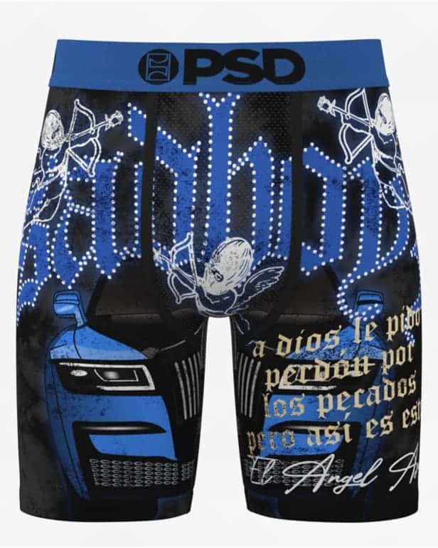 Bóxer PSD x SAD BOYZ Azul Angel negro con letras góticas azules, querubines y pretina azul con logo PSD