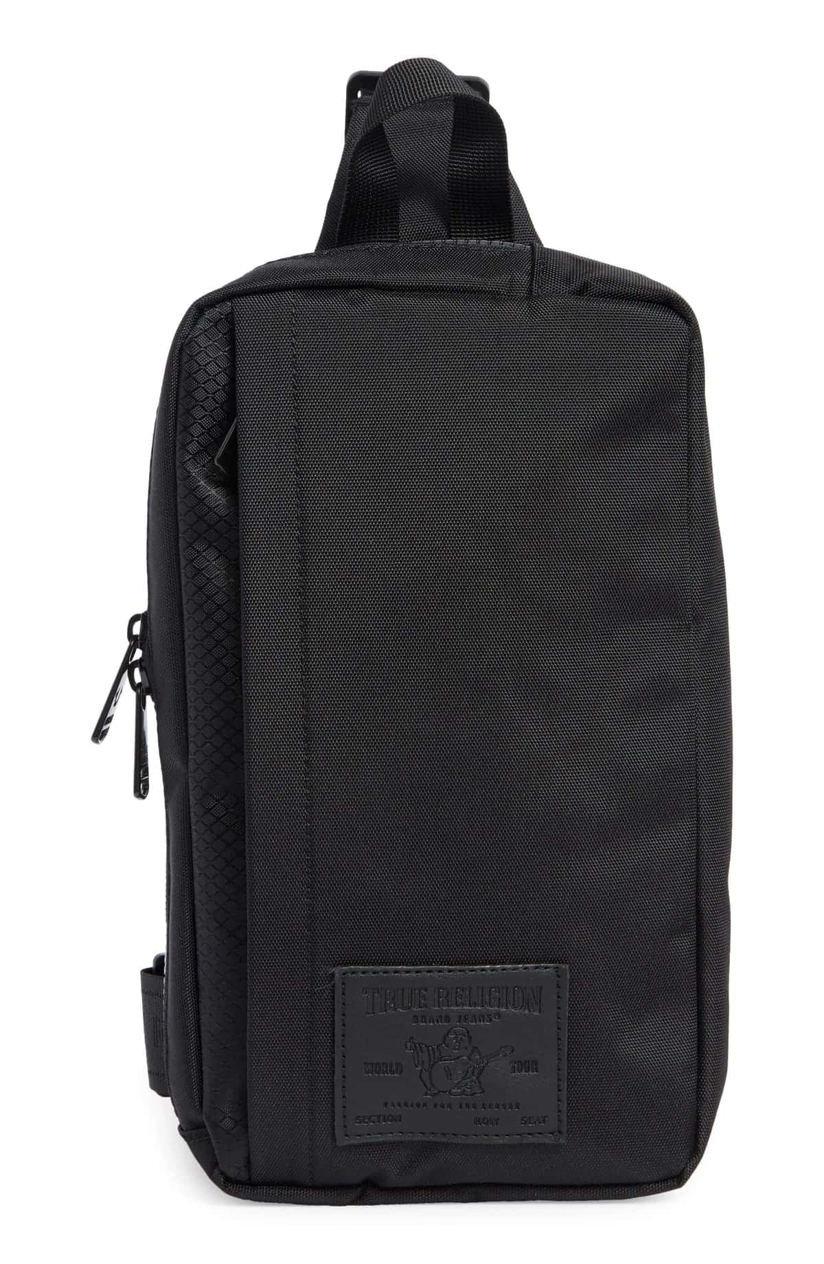 Bolso cruzado True Religion Porter 2.0 negro con asa superior, cierre lateral y parche de la marca al frente